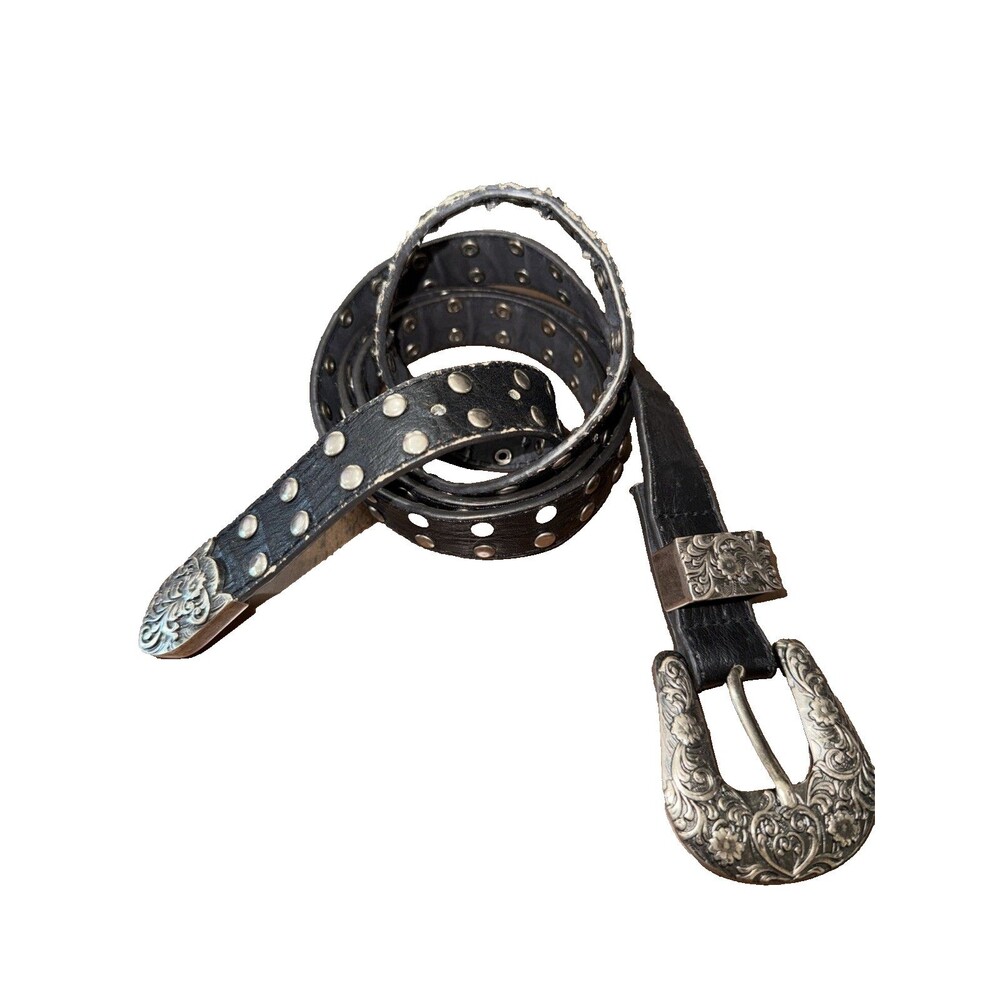 Y2K Studded Punk Grunge Biker Belt Black Silver Engraved Buckle One Size